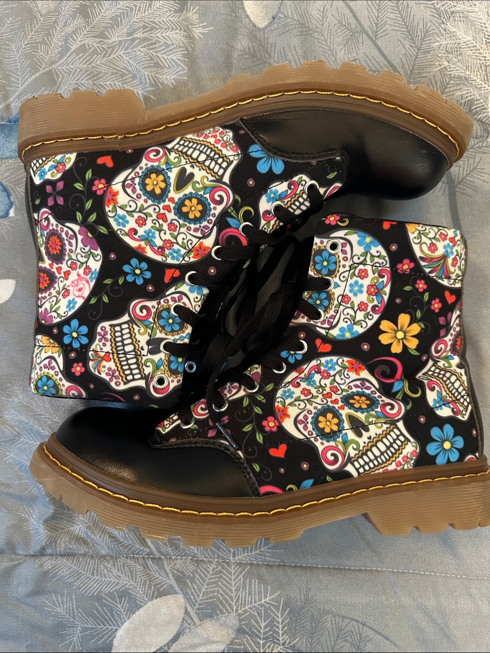 NWOT Black Floral Sugar Skull Combat Boots Sz W9.5 M8.5 EU41 UNBRANDED - Picture 14 of 15